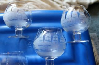 6 Antique Etched Nautical CLIPPER SHIP Cognac Whiskey Brandy Snifter Glasses 3