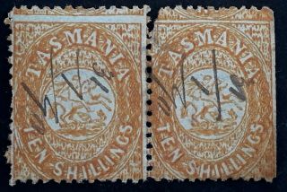Rare 1890 Tasmania Australia Pair 10/ - Orange St George& Dragon Stamp Prf 12 Usd