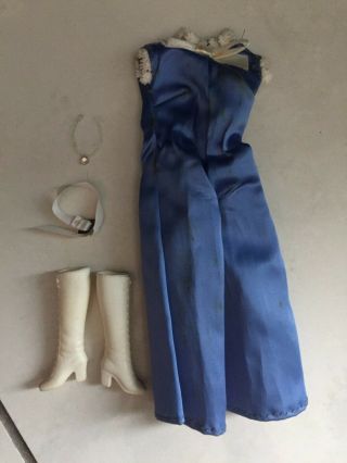 Vintage Barbie Doll Clothes Outfit Blue Satin Jumpsuit White Tall Boots & Belt