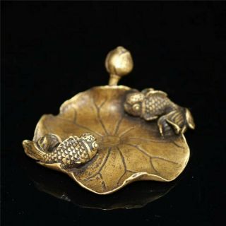 Old Chinese Pure Copper Hand - Made Lotus Leaf Fish Stick Incense Holder Rt