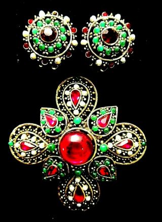 Rare Vintage Signed Art Goldtone Jeweled Maltese Cross Brooch & Earring Set A55