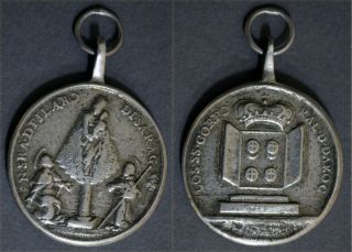 Antique Spanish Baroque Solid Silver Medal Virgin With Two Saints Allegory