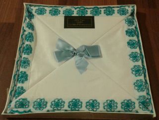 Trophy Boxed Pair Vintage White 100 Cotton Pillowcases With Blue Embroidery
