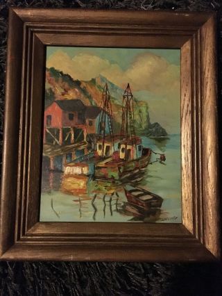 Vintage Signed Haring Oil On Board Dockside Boat Painting 13x11 Inches