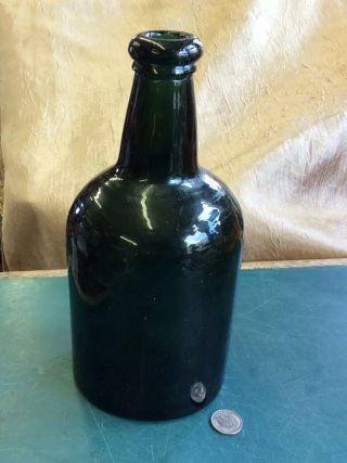 Vintage Antique Dark Emerald Green Cork Bottle With Punt Pontil