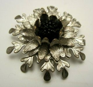 Rare Vintage 2” Signed Miriam Haskell Silvertone Jet Black Glass Flower Brooch