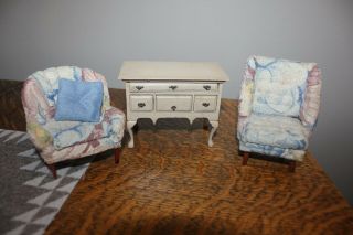 Vint Dollhouse Furniture Pair Parlor Chairs,  Pillow & Buffet Handmade 80 