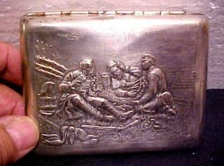 Early Russia Soviet Silver Plated Cigarette Case Repoussed Cover Hunters At Rest