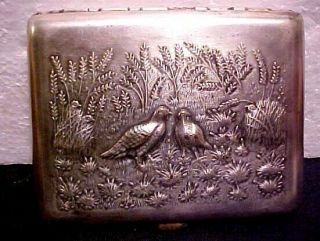 EARLY RUSSIA SOVIET SILVER PLATED CIGARETTE CASE REPOUSSED COVER HUNTERS AT REST 2