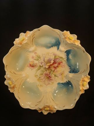 Antique R.  S Prussia 10 1/2 " Bowl 5 Raised Floral Border W/ Pink & White Lillys