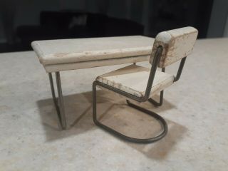 Vtg Mid Century Dollhouse Miniature Set Writing Desk & Chair Gorgeous Wood Metal