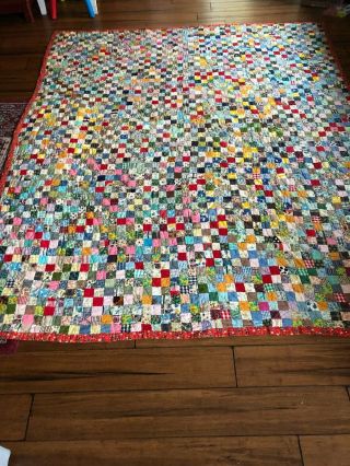 Vintage Postage Stamp Quilt - Hand Sewn,  79 X 65 Inches - Teal/blue/red & More