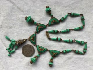 Rare Art Deco Czech Green Peking Panel Glass Bead Neiger Necklace