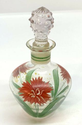 Bohemian Antique Czechoslovakia Glass Painted Flower Perfume Bottle 4 3/4”