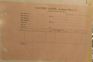 Rare,  1916 - 1920`s Anderson Motor Company Factory Order Form,  Rock Hill,  S.  C.