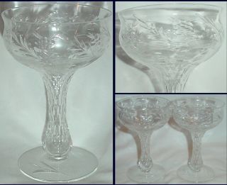 2 Antique Hollow Stem Cut Crystal Champagne Glasses 5.  25 "