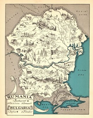 1932 Antique Animated Romania And Bulgaria Map Rare Picture Map Blu 7265