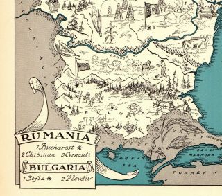 1932 Antique Animated ROMANIA and BULGARIA Map RARE Picture Map BLU 7265 2