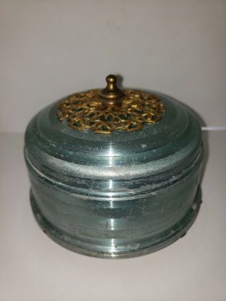 Vintage Antique Powder Puff Blue Metal Trinket Music Box W/ornate Gold Tone Lid