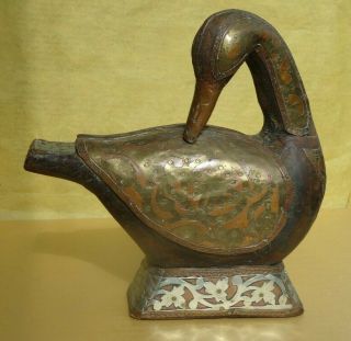 Antique Asian Folk Art Wood Hand Carved Decorated Bird/swan Wood Copper Brass