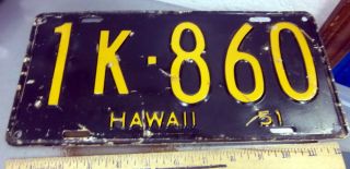 Hawaii Metal License Plate 1951 1k - 860,  Paint,  Rare