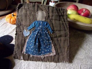 Primitive Doll Mat Made From Antique Quilt And Early Antique Blue Calico