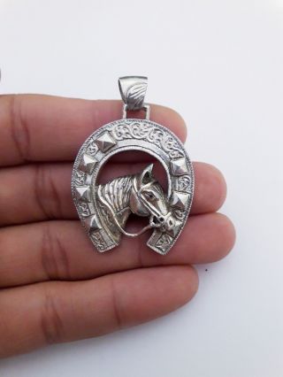 Antique,  925 Sterling Silver - Cut Horse Head In Horseshoe Equine Charm Pendant