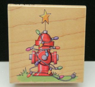 Stampabilities Rare Decorated Fire Hydrant Christmas Lights Rubber Stamp Wood