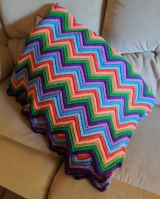 Handmade Colourful Crochet Chevron Afghan Blanket Full 54 " X 75 "