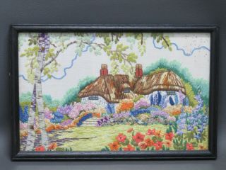 Vintage Embroidered Picture Cottage & Garden In Black Frame 9 3/8 " X 6 1/4 "