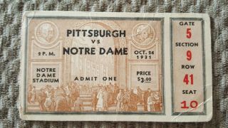Vintage 1933 Notre Dame Vs Pittsburgh College Football Game Ticket Stub,  Rare