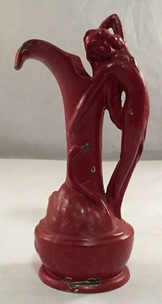 Antique Art Nouveau Figural Lady Beauty Handled Metal Ewer Pitcher Red Painted