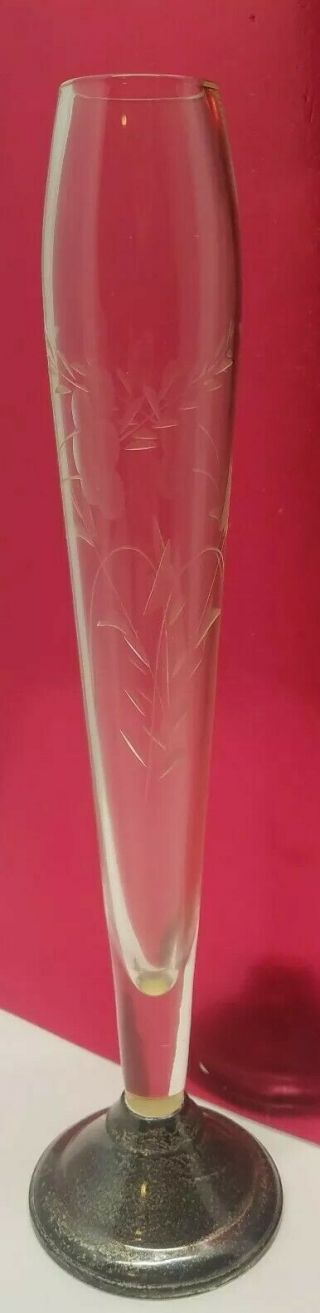 Vtg Duchin Creation Etched Crystal Glass 10 " Flower Bud Vase Sterling Silver
