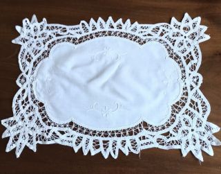 Vintage Hand Embroidered White Cotton Ribbon Lace Table Centre Cloth 17x12 Inch