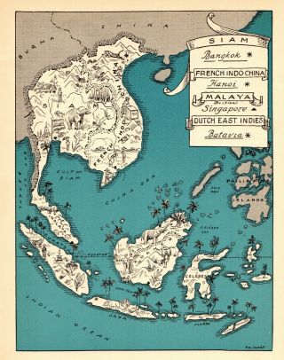 1932 Antique Animated Siam Malaya Indochina Map Rare Map Of Thailand Blu 7269