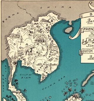 1932 Antique Animated Siam Malaya Indochina Map RARE Map of THAILAND BLU 7269 2