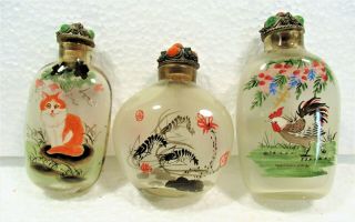 Three Chinese Reverse Painted Snuff Bottles,  Cats,  Shrimp,  Chickens