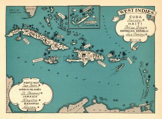 1932 Antique Animated Caribbean Map Rare Picture Map Of The West Indies Blu 7253