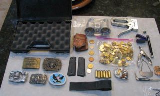 Junk Drawer Misc.  Gun Case Kimber,  Belt Buckles,  Buck Knife,  Antique Rr Pin