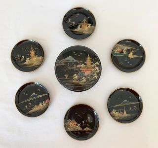Vintage Black Lacquer Japanese Box With 6 Coasters In Round Box