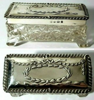 Antique Silver & Glass Rectangular Dressing Table Trinket Box Pot - Bpdc 1908