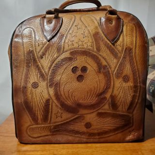Vintage Hand Tooled Leather Bowling Ball Bag With Unique Carving Mexico