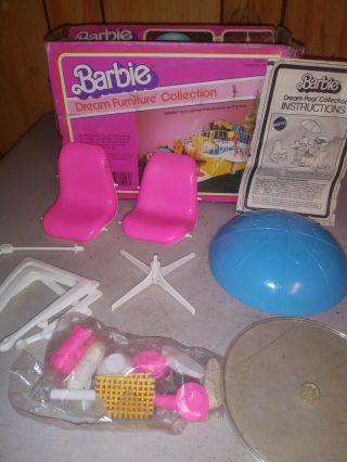 Vintage Barbie Dream Furniture Pool Patio Table Chairs Umbrella W/box 1980s