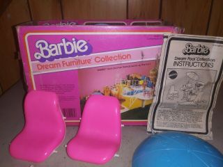 Vintage Barbie Dream Furniture pool patio table chairs umbrella w/box 1980s 3