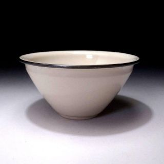 Ac21: Vintage Japanese Tenmoku Tea Bowl With Silver Metal Rim,  White Glaze