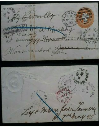Rare 1893 Victoria Australia 1d Pre Print Envelope Melb To Warrnambool Unclaimed