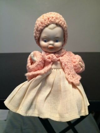 Vintage Miniature Porcelain Doll With Knitted Bonnet Cardigan Movable Arms Legs