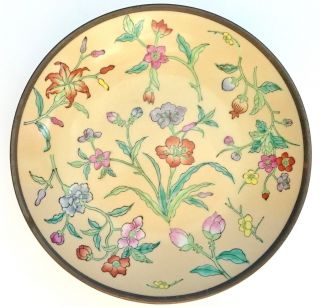 Antique Vintage Asian Chinese Hand Painted Porcelain Floral Bowl Encased Brass