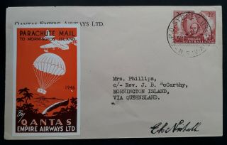 Rare 1946 Australia Qantas Parachute Mail Cover W Cinderella To Mornington Islnd