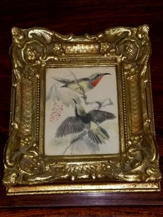 Vintage Mini Oil Painting By Gould Of Hummingbirds In Frame